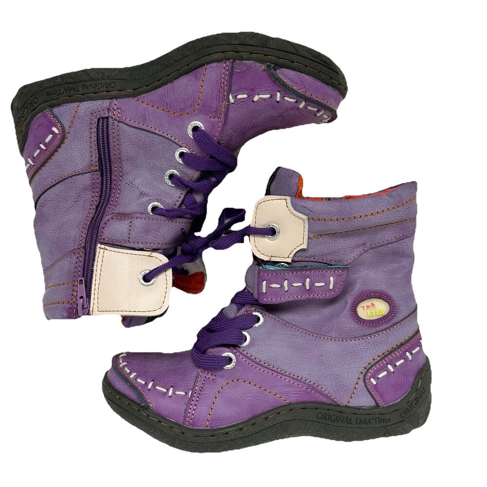 TMA Eyes Leather Lined Ankle Boots Womens EU 38 US 7.5 Purple Zip & Lace Up Snow